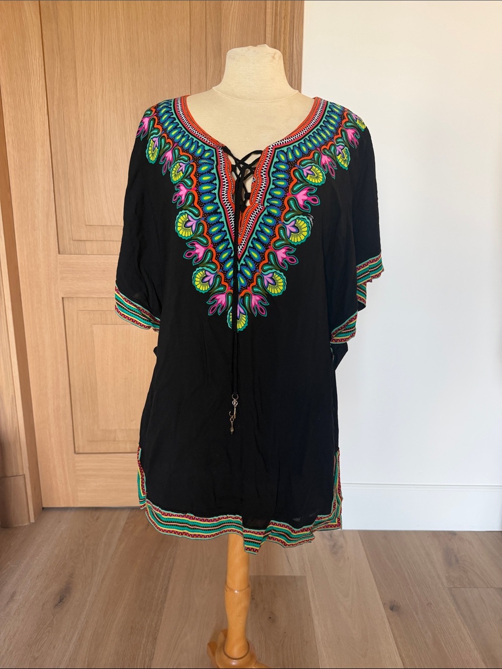 Trina Turk Black Tunic with Neon Embroidered V-Neck swimsuit cover-up